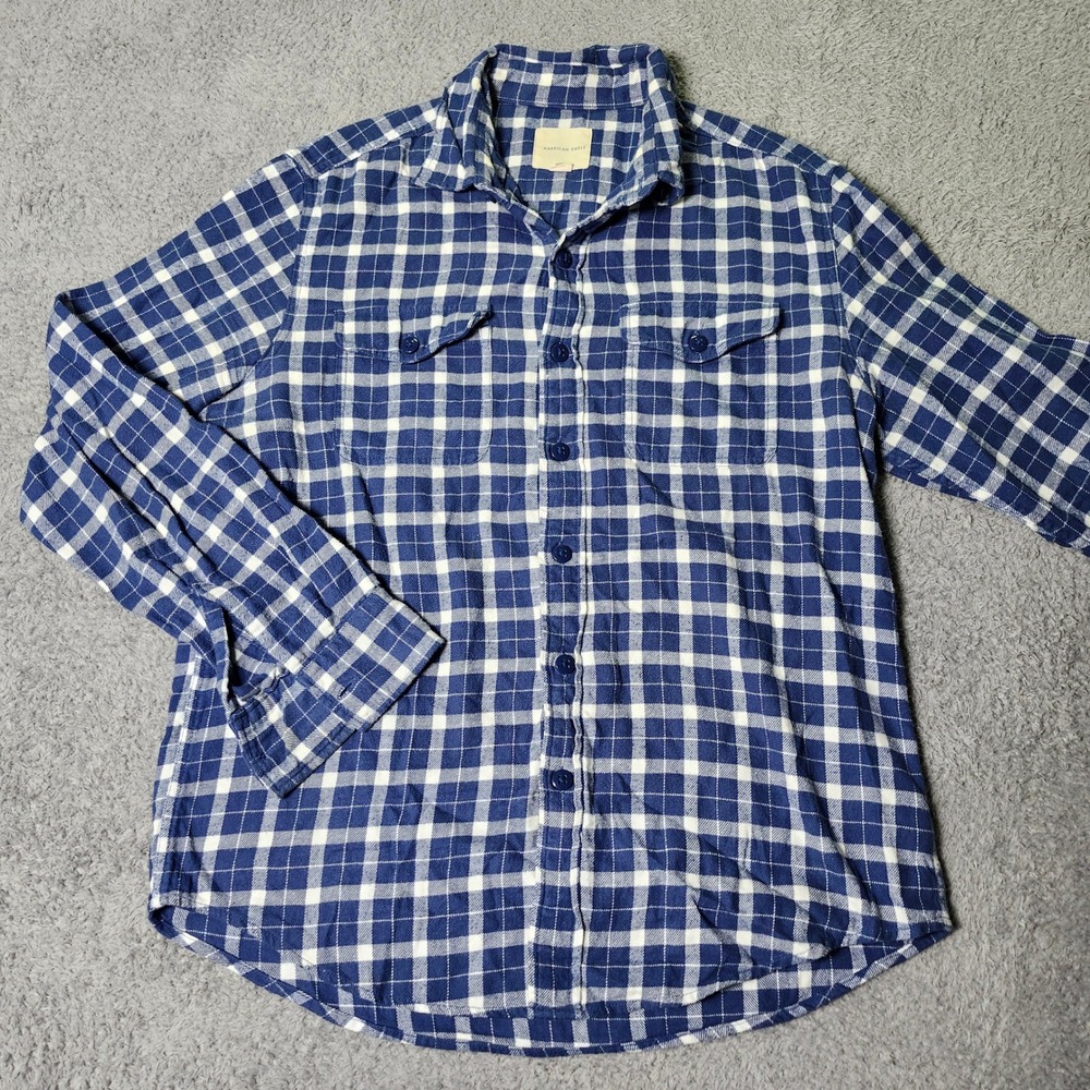 American Eagle Mens M Flannel Shirt Blue White Plaid Button Up Pockets